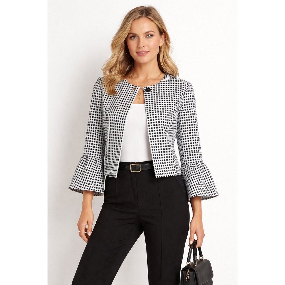 Charter Club Womens Gingham Bell Sleeve Cropped Blazer Jacket Black‎ White 8